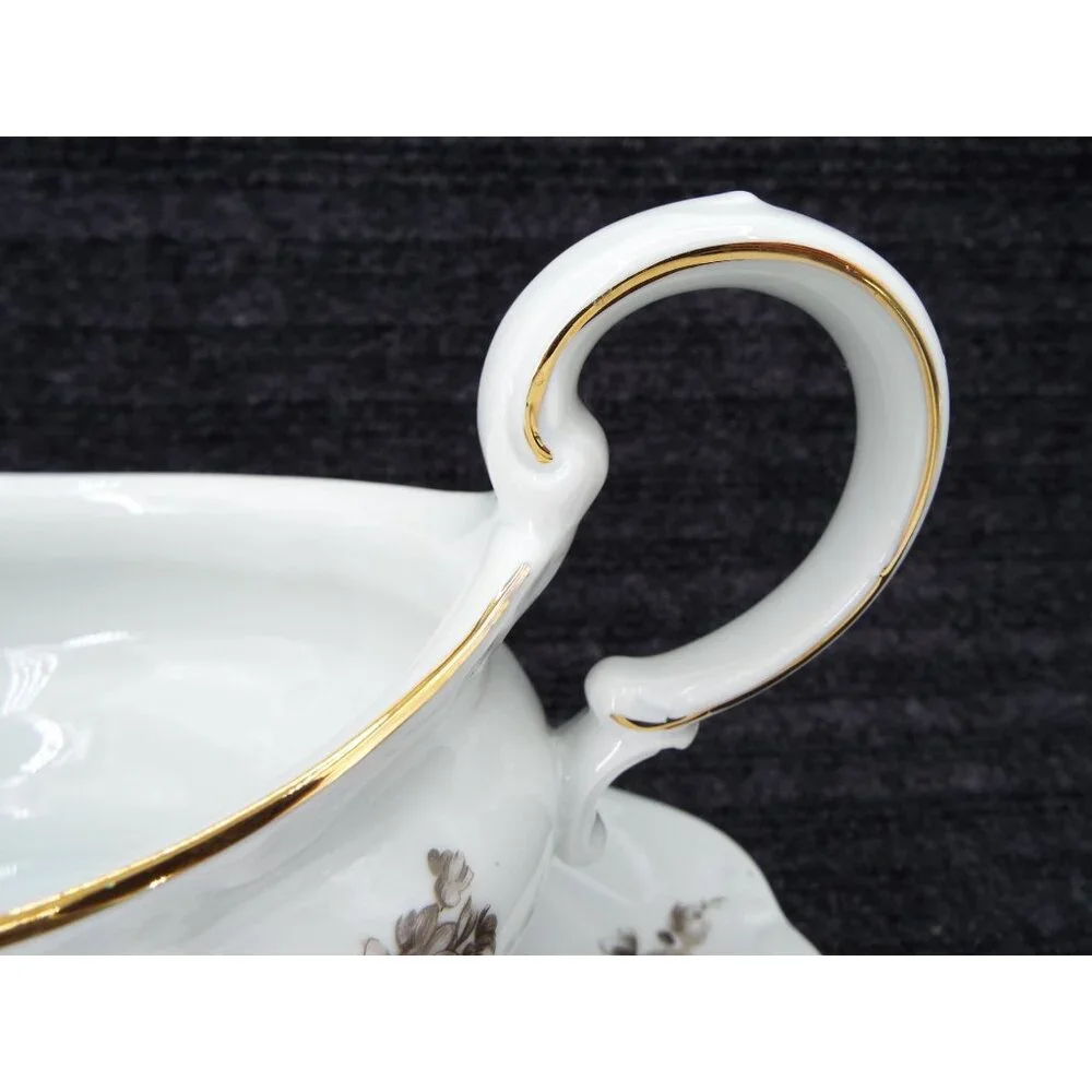 Johann Haviland Sepia Rose Gravy Boat Attached Underplate Bavaria Germany